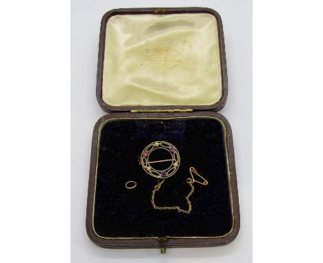 Edwardian 15ct openwork hoop brooch, set with amethyst and seed pearls, 2.2cm diameter approx, 3.2g, with associated antique 
