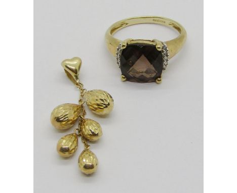 9ct cushion-cut smoky quartz and diamond dress ring, size N and a 9ct graduated drop pendant, 3.9g total (2)
