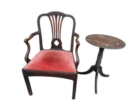 A Georgian mahogany open elbow chair with pierced splat together with a 19th century mahogany tripod table with turned stem (