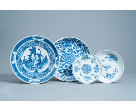 Full title: Four various Chinese blue and white chargers and plates with floral design and figures in a landscape, Kangxi and