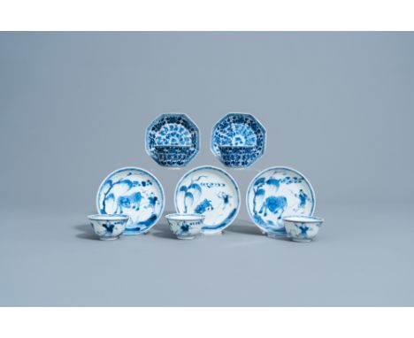 Full title: Five Chinese blue and white cups and saucers with floral design and a boy and a buffalo in a landscape, Kangxi/Yo
