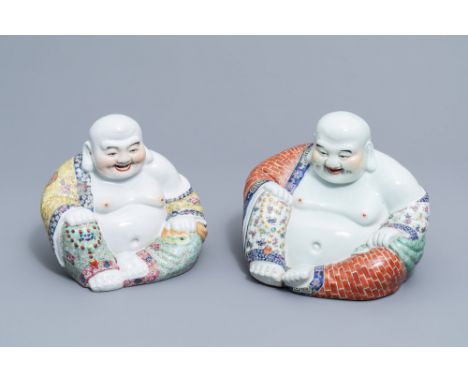 Full title: Two Chinese famille rose figures of Buddha, 20th C.Description: H 22,6 - 22,5 cm  Both figures with a seal mark.