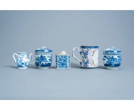 Full title: A varied collection of Chinese blue, white and famille rose porcelain with floral design and animated landscapes,