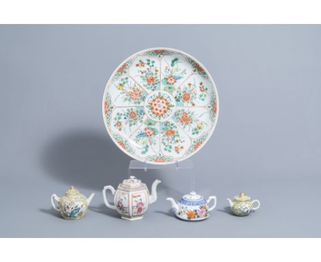 Full title: A Chinese famille verte charger with floral design and four various famille rose teapots and covers, Kangxi and l