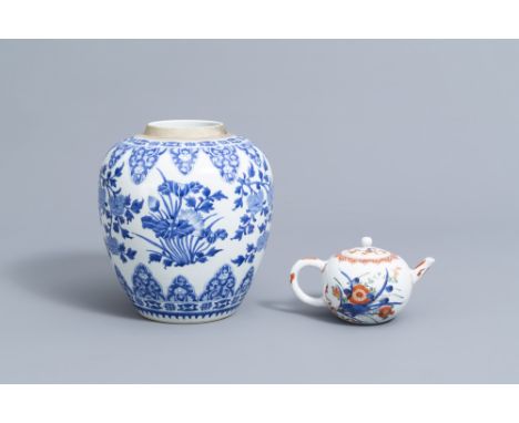 Full title: A Chinese blue and white jar and a verte-Imari teapot and cover with floral design, Kangxi and laterDescription: 