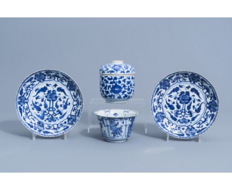 Full title: A Chinese blue and white kraak porcelain 'crow' bowl, two dishes and a jar and cover with floral design, Wanli/Ka