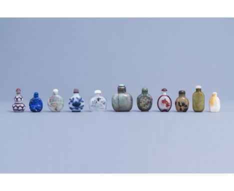 Full title: Eleven various Chinese glass and hardstone snuff bottles, 20th C.Description: H 8 - 5,9 cm (the tallest and the s