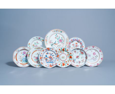 Full title: Nine various Chinese famille rose, famille verte and Imari style dishes with floral design, Kangxi/QianlongDescri