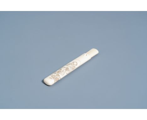 Full title: A Japanese ivory kiseruzutsu or pipe case of the mosu-zutsu type with an Immortal and a monkey, signed Tomin, Mei