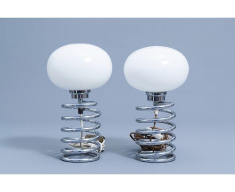 Full title: A pair of chromed metal spiral table lamps, presumably Ingo Mauer for M-Design, Germany, 1970sDescription: H 32 c