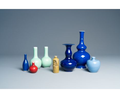Full title: Seven various Chinese monochrome vases and a snuff bottle with relief design, 20th C.Description: H 23,3 - 6,5 cm
