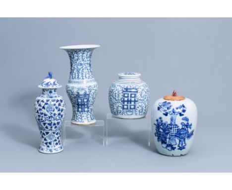 Full title: Four various Chinese blue and white vases and jars and covers, 19th/20th C.Description: H 38,7 - 21,3 cm (the tal