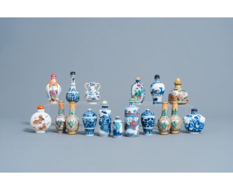 Full title: A collection of Chinese blue, white, famille rose &amp; iron red snuff bottles and miniature vases, 20th C.Descri