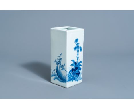 Full title: A square Chinese blue and white brush pot with floral design, marked, 20th C.Description: H 24,2 cmÊ The item mar