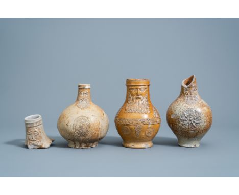 Full title: Three German stoneware bellarmine jugs and a neck fragment, 16th/17th C.Description: H 18,5 - 10 cm (the tallest 