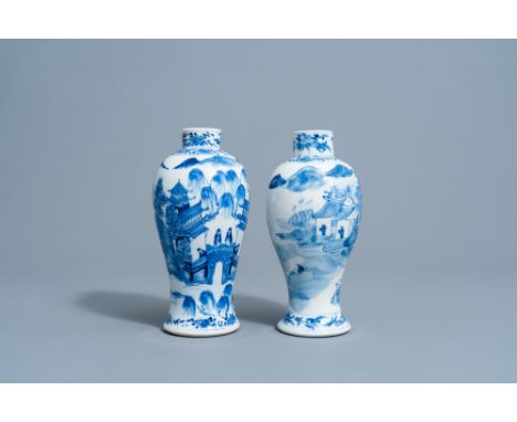 Full title: Two Chinese blue &amp; white baluster vases with a mountain landscape, Kangxi mark, 19th C.Description: H 22,6 cm