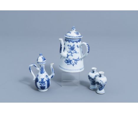 Full title: A pair of Chinese blue and white doll's house miniature vases with floral design and two various jugs, Kangxi/Qia