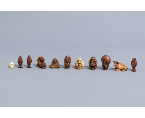 Full title: Seven various Japanese ivory and wood netsuke, three Chinese wood figures and a miniature skull, 20th C.Descripti