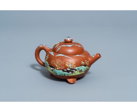 Full title: A Chinese Yixing enamel teapot with a landscape all around, ca. 1900Description: H 8 - L 13,6 cm