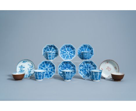 Full title: Seven Chinese blue, white and famille rose cups and saucers with floral design, Kangxi/QianlongDescription: Dia.: