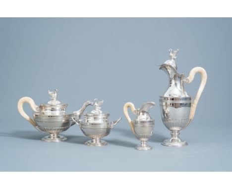 Full title: A four-piece silver Directoire style tea set with ivory handles, 800/000, 19th/20th C.Description: H 33,8 - 16 cm