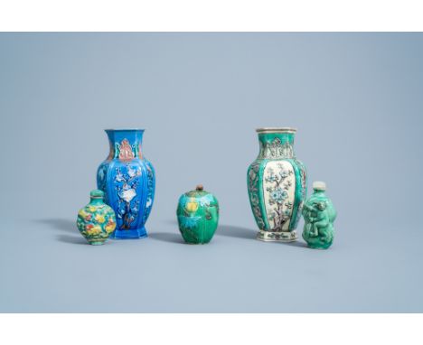 Full title: A Chinese sancai glazed jar &amp; cover, two snuff bottles &amp; two floral vases with antiquities, 19th/20th C.D
