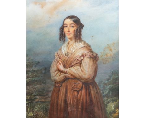 Full title: Illegibly signed: A portrait of a lady, gouache on paper, dated 1840Description: Work: ca. 27,6 x 21,5 cm  Frame: