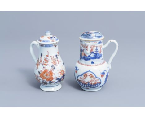 Full title: Two Chinese Imari style jugs and covers with floral design and a landscape, Kangxi/QianlongDescription: H 16,2 - 