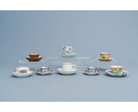 Full title: Eight various Chinese famille rose and famille verte cups and eight saucers, Kangxi and laterDescription: H 7,5 -