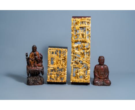 Full title: Two Chinese lacquered and gilt wood figures and two reticulated panels, 19th/20th C.Description: H 63 - 26,5 cm (