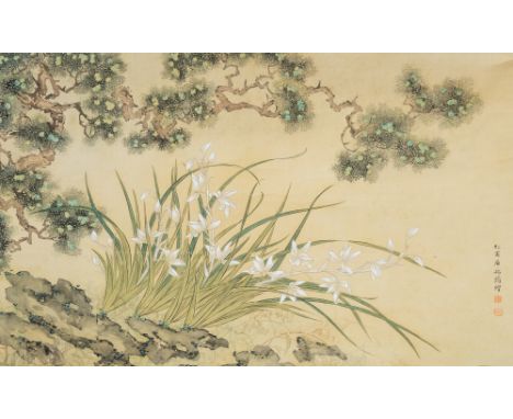 Full title: Chinese school, probably Qu Zhaolin (1866-1937), ink and colours on silk: A flowery landscapeDescription: Work: 6