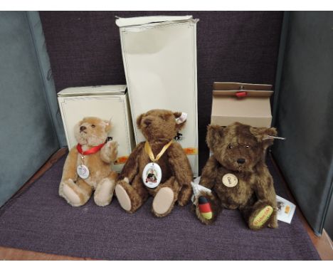 Three limited edition modern Steiff Teddy Bears, 2002 100 Years of Steiff Bears having white tag 01955, 671050, ceramic penda