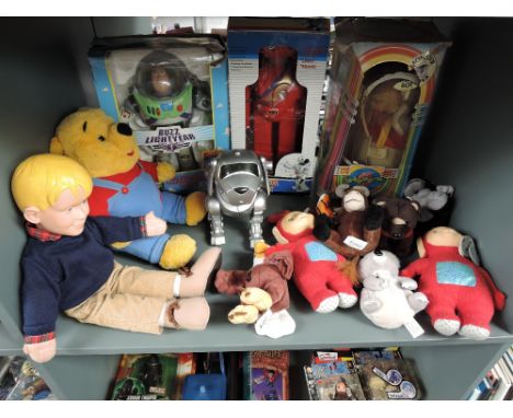 A shelf of modern Soft Toys, Robots and Dolls including Thinkway Buzz Lightyear in original box, World of Wonder Monster Bopp