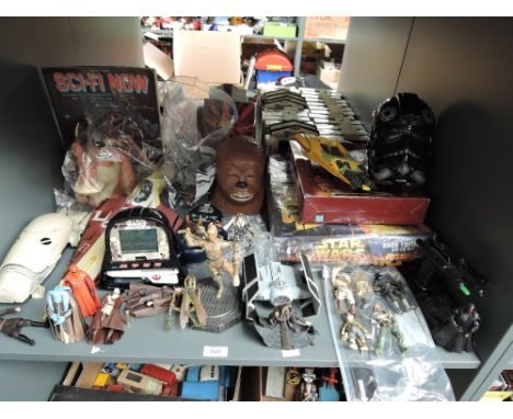 A shelf of modern 1990's onwards Hasbro LFL and similar Star Wars Figures and Accessories including Jar Jar Binks on card sta