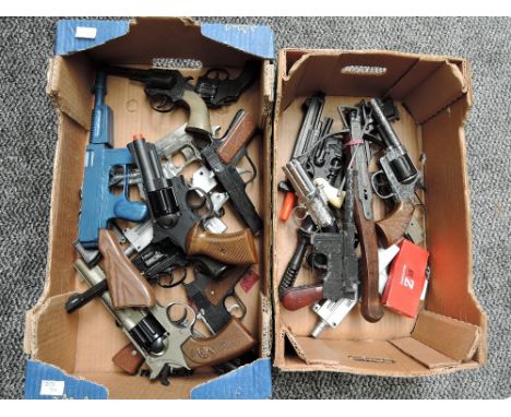 Two boxes of Toy Guns including Cresent Toys, Lone Star and similar, Pepperbox, Firecat 7.63 Automatic etc 22 in total along 
