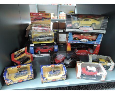 A shelf of modern diecasts including Ertl American Muscle 1:18 scale 1970 Boss Mustang, Gearbox 1957 Chevy Bel Air, Burago et