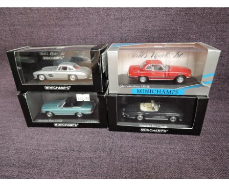 Four Minichamps 1:43 scale diecast Mercedes-Benz Cars, 230CE 1 of 2016, 300SL 1 of 5040, 350SL Beryll 1 of 1008 and 350SL 197