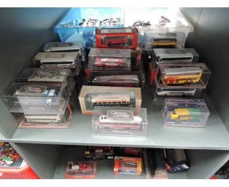 A shelf of Corgi and EFE diecast Buses and Trams including Original Omnibus, all boxed (22)