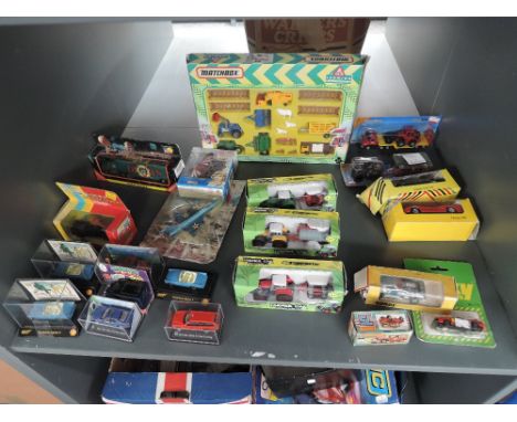 A shelf of mixed diecasts including Matchbox Farming Set FM120, Corgi Whizzwheels Customized Chevrolet Corvette Stingray, Dan