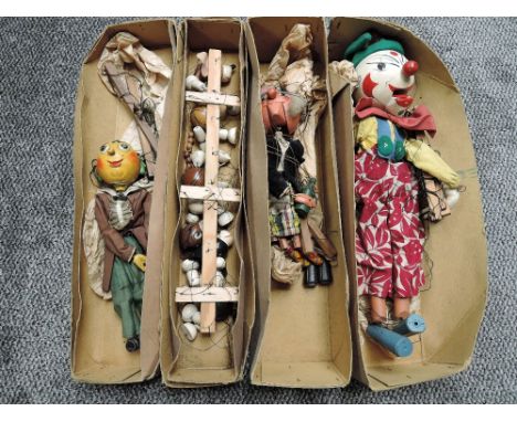 Four Pelham Puppets, White Faced Clown 20' in part card box, Wuff, Snuff &amp; Tuff by Tim in original card box with blue lab