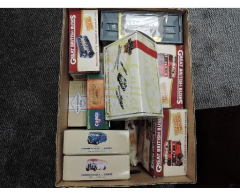 A box of various scale Corgi, Matchbox and similar diecast Buses, 16 boxed and 6 loose