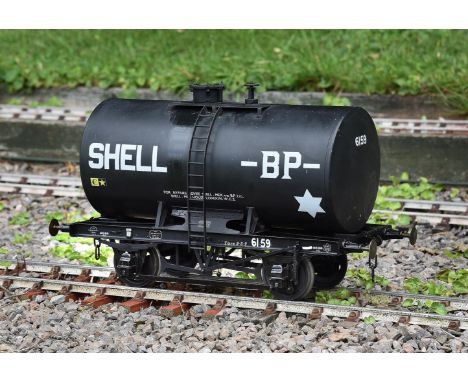 A 5 inch gauge anchor mount Shell-BP railway oil tank wagon No 6159, with etched sole bar plates, weathered finish in black. 