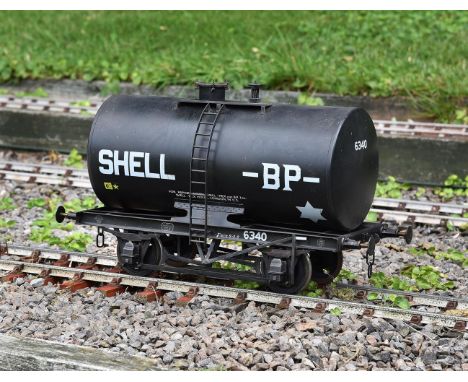 A 5 inch gauge anchor mount Shell-BP railway oil tank wagon No 6340, with etched sole bar plates, weathered finish in black. 
