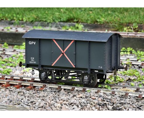 A well built 5 inch gauge Great Western 10 ton Gun powder van No 105783, finished in dark grey livery with riveted angle iron