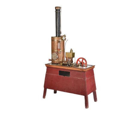 An Edwardian model of a live steam plant, comprising of a single cylinder horizontal mill engine with spoked flywheel, open c