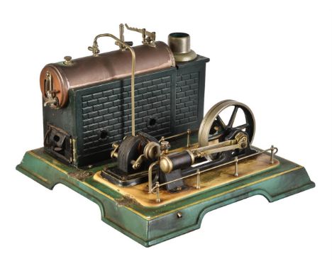 A Marklin stamped German tinplate model steam plant, having horizontal mill engine with single cylinder, eccentric driven ste