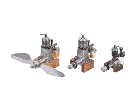 Two Mills vintage diesel aero engines, circa 1946-48, each of approximately 1cc displacement and mounted on wooden blocks ins