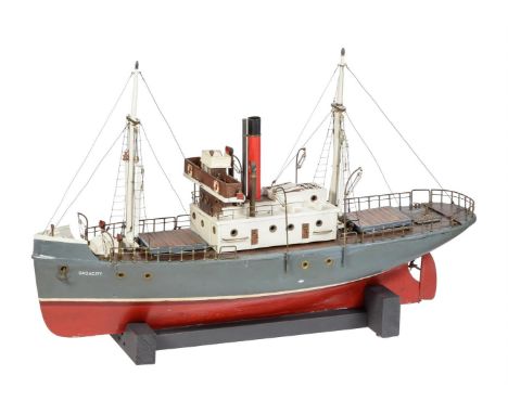 A fine model of a live steam ship 'Saracity', having detailing to include wheel house, gallery rails, lamps, vents, anchor, p