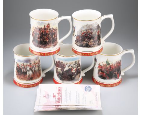 FIVE BONE CHINA TANKARDS CREATED FOR THE ARMY BENEVOLENT FUND BY DANBURY MINT featuring Waterloo, Quatre Bras, Sudan, Indian 