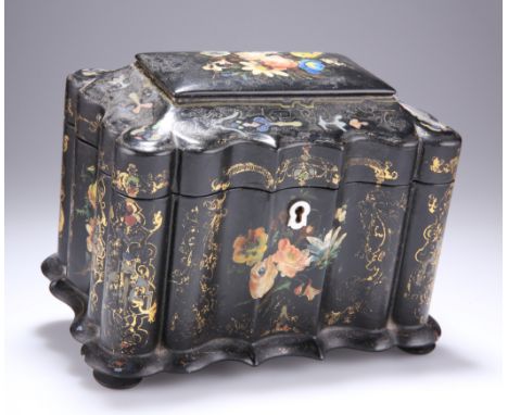 A VICTORIAN PAPIER-MACHE TEA CADDY, shaped rectangular form, the interior with twin lidded compartments, gilded and painted w